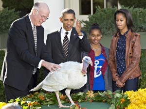 President Barack Obama, with daughters Sasha, center, and Malia, right, carries on the Thanksgiving tradition of saving a turkey from the dinner table with a "presidential pardon," at the White House in Washington, Wednesday, Nov. 21, 2012. After the ceremony, "Cobbler" will head to George Washington's historic home in Virginia to be part of the ÒChristmas at Mount VernonÓ exhibition. National Turkey Federation Chairman Steve Willardsen is at left. (AP Photo/J. Scott Applewhite)